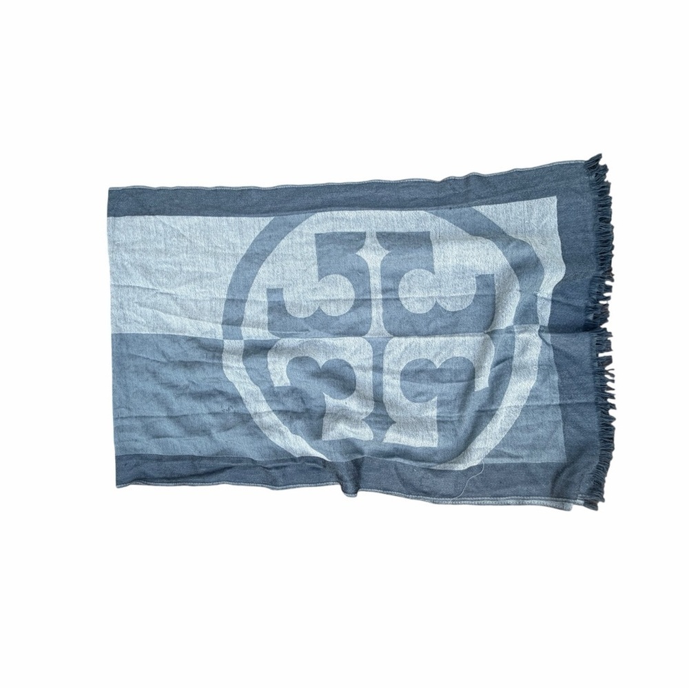Tory Burch Two-Tone Blue Logo Fringe Scarf